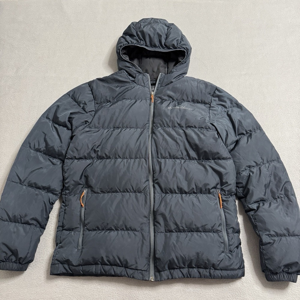 Eddie Bauer EB650 Down Jacket Mens M Gray Hooded‎ Puffer Winter Outdoor